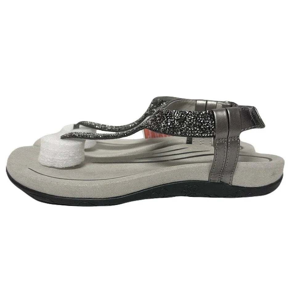NEW Aetrex Womens Size 8.5 Gunmetal Leather Jade Sparkle Arch Support Sandals - Picture 4 of 9